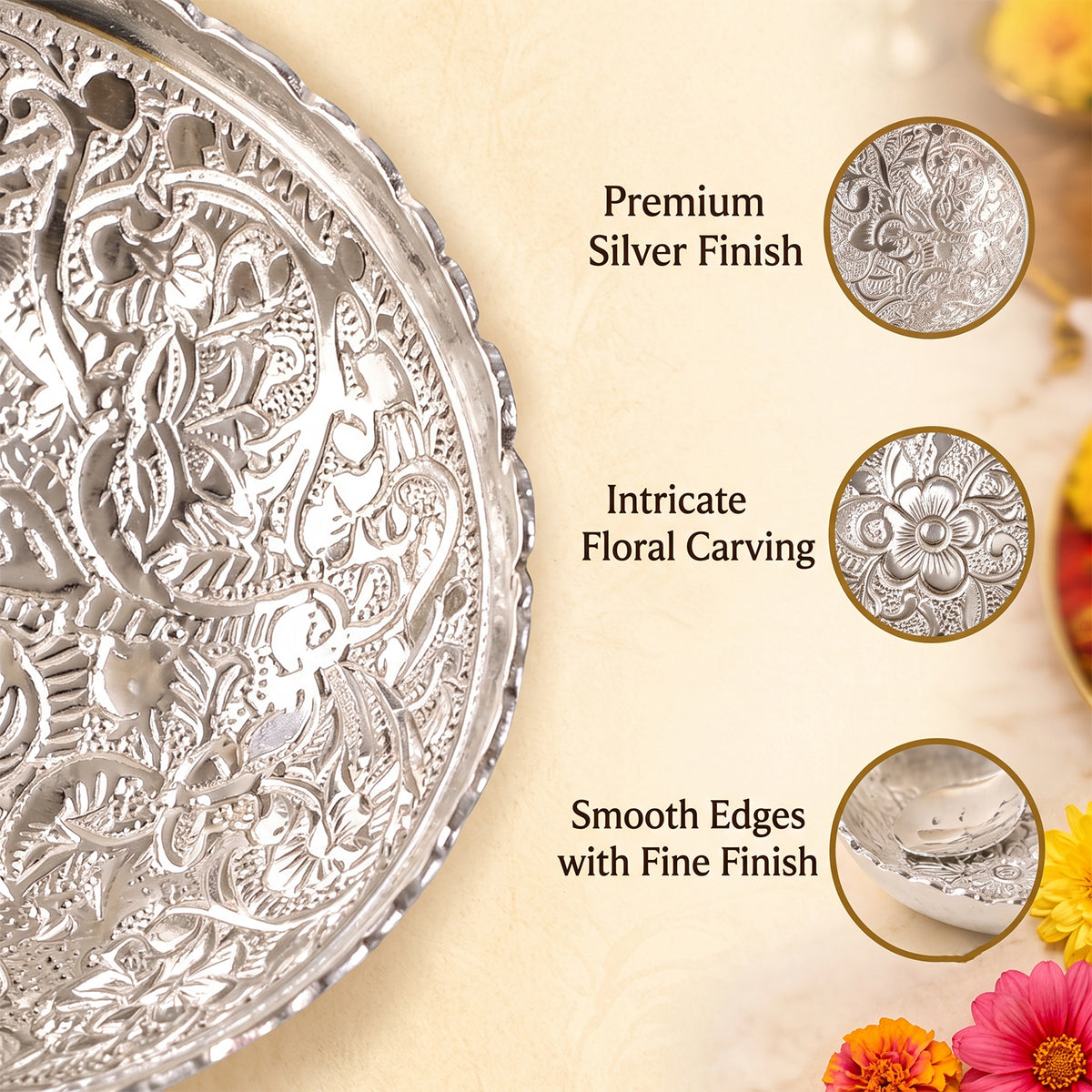 Silver finish floral serving bowl with spoon and velvet box 03