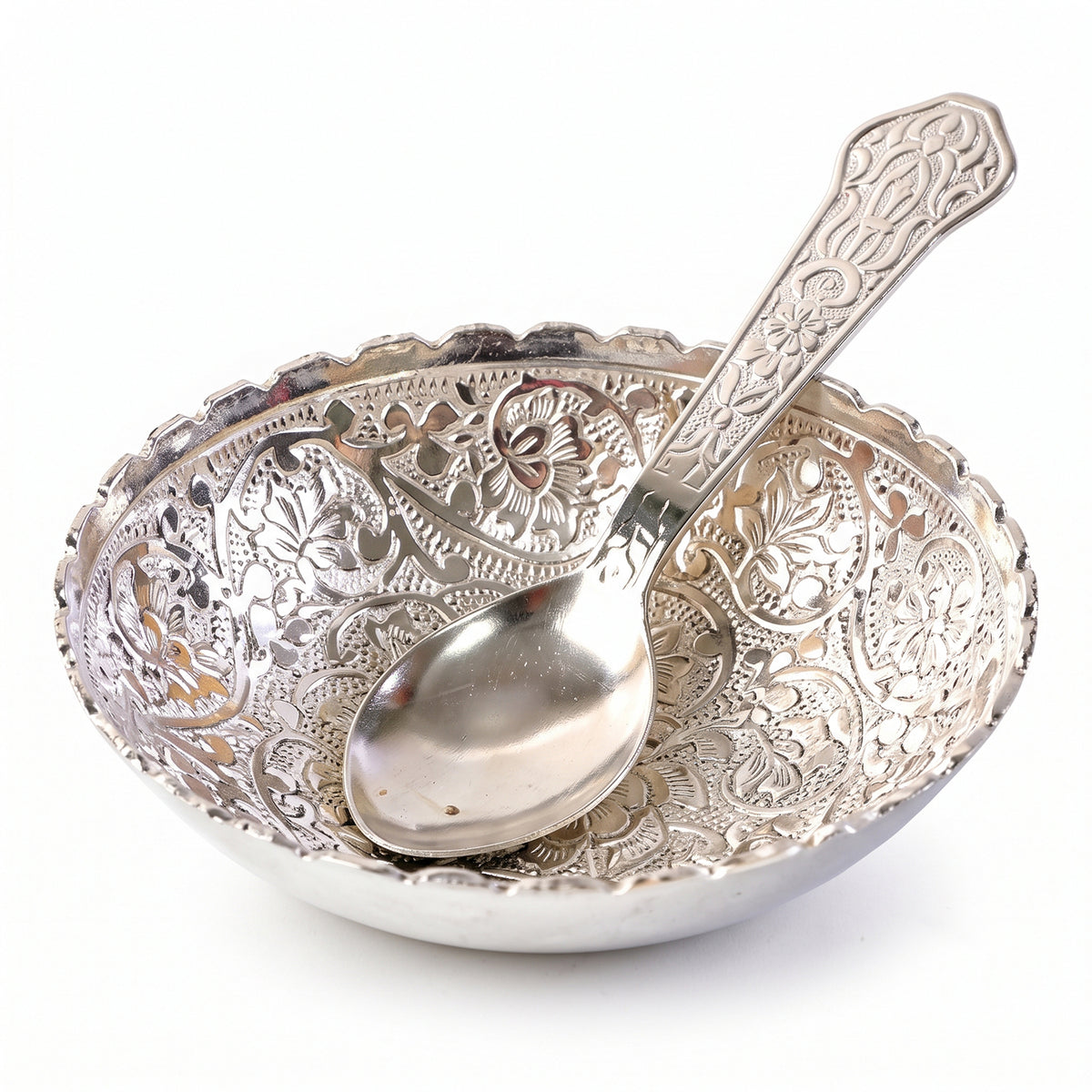 Silver finish floral serving bowl with spoon and velvet box 04