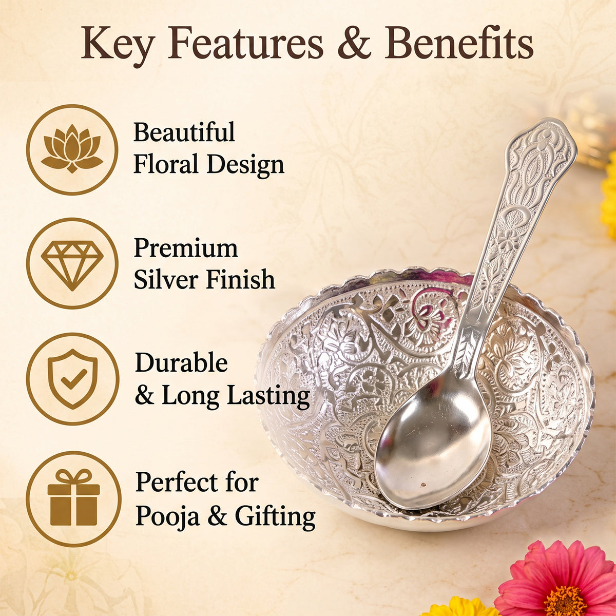 Silver finish floral serving bowl with spoon and velvet box 08