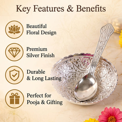 Silver finish floral serving bowl with spoon and velvet box 08