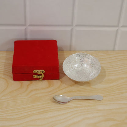 Silver finish floral serving bowl with spoon and velvet box actual product