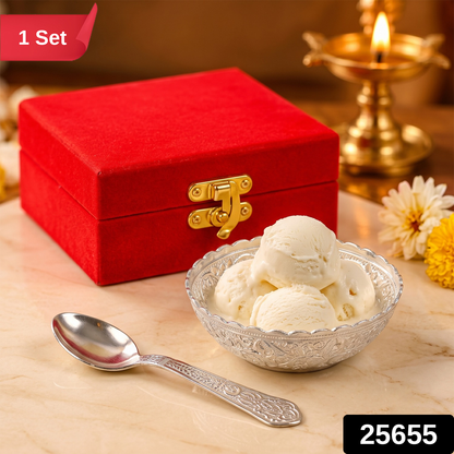 Silver finish floral serving bowl with spoon and velvet box 1 Set label