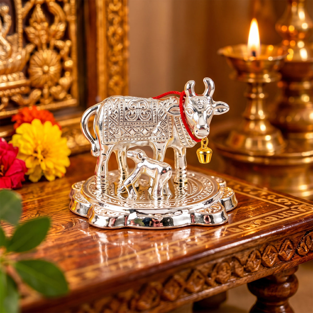 Silver finish Kamdhenu cow and calf idol with velvet box 02