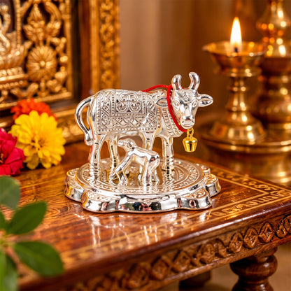 Silver finish Kamdhenu cow and calf idol with velvet box 02