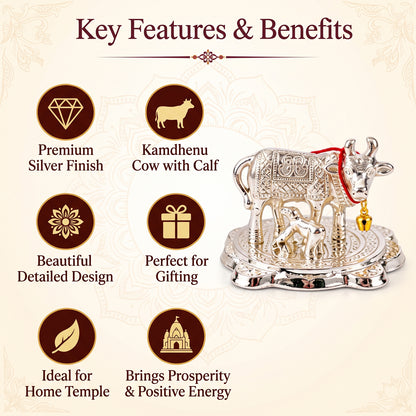 Silver finish Kamdhenu cow and calf idol with velvet box 03