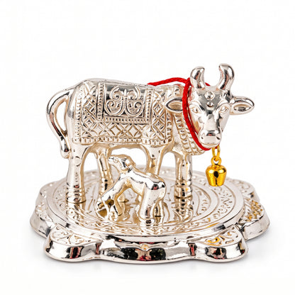 Silver finish Kamdhenu cow and calf idol with velvet box 04