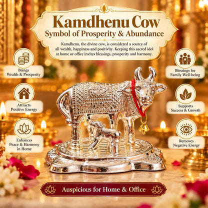 Silver finish Kamdhenu cow and calf idol with velvet box 05