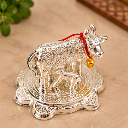 Silver finish Kamdhenu cow and calf idol with velvet box 06