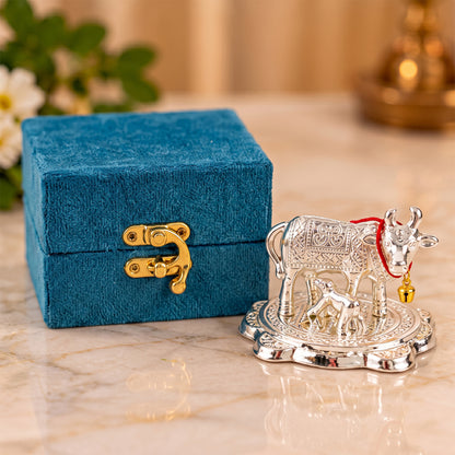 Silver finish Kamdhenu cow and calf idol with velvet box 08