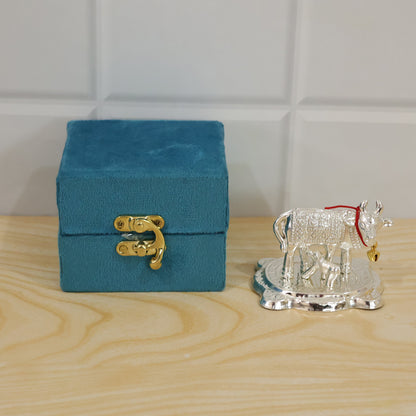 Silver finish Kamdhenu cow and calf idol with velvet box actual product
