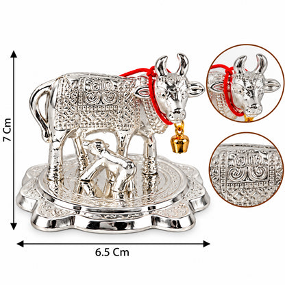 Silver finish Kamdhenu cow and calf idol with velvet box approximate dimensions
