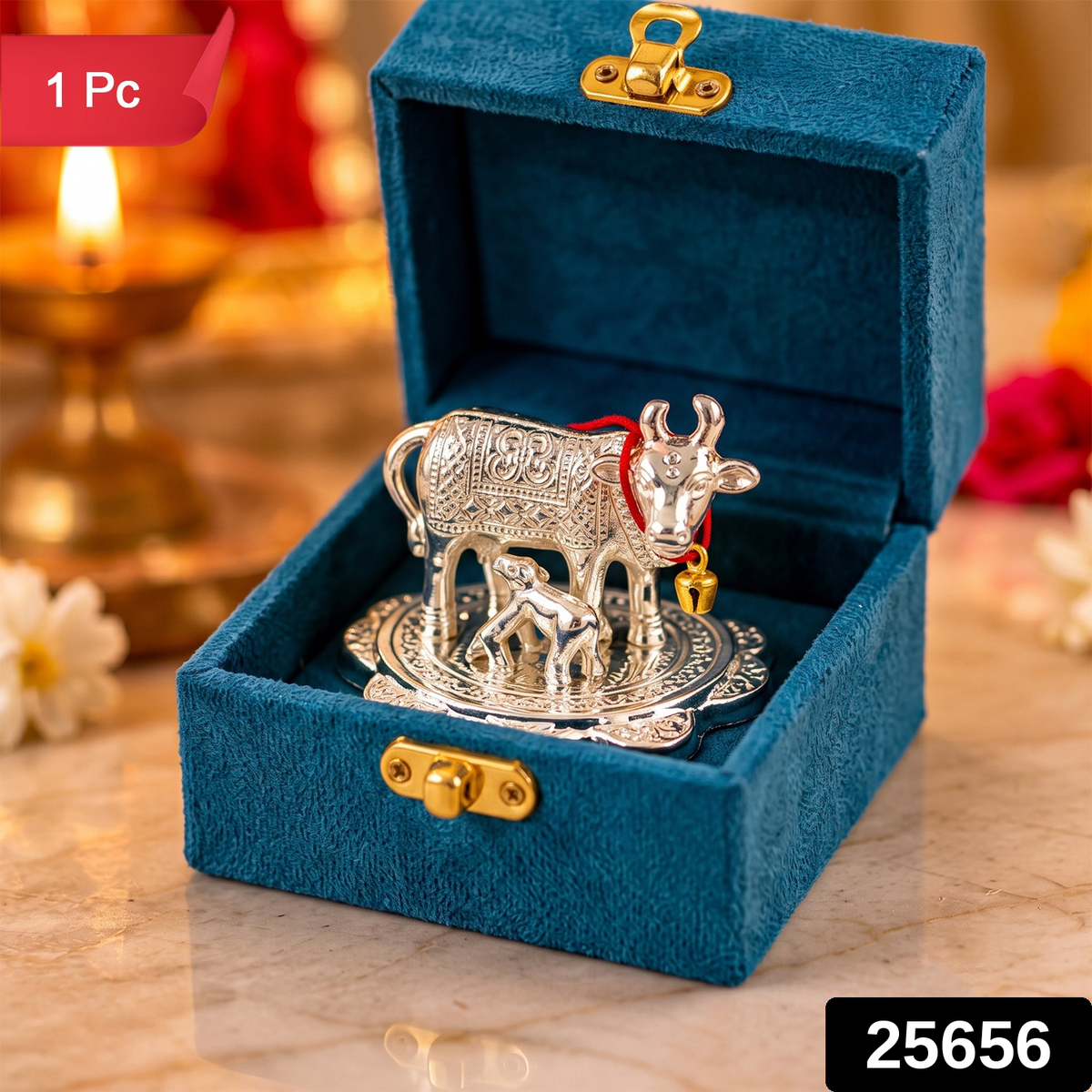 Silver finish Kamdhenu cow and calf idol with velvet box 1 Pc label