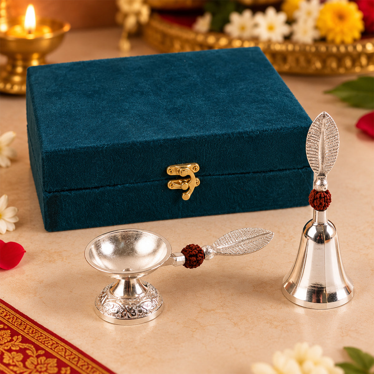 Silver finish pooja bell and diya set 01