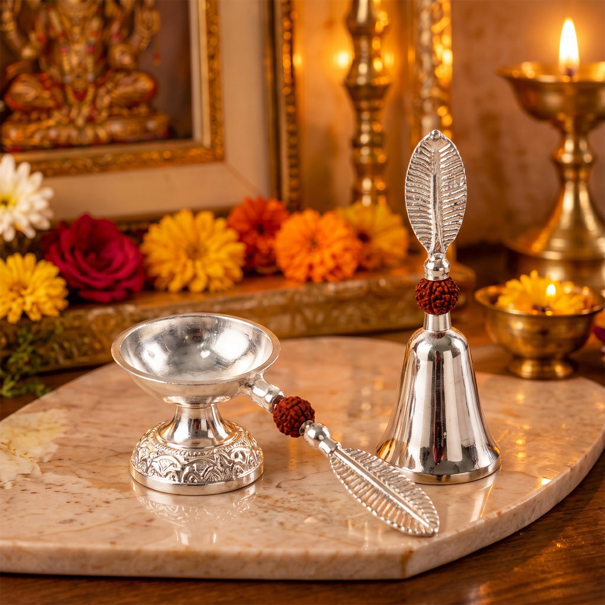 Silver finish pooja bell and diya set 02