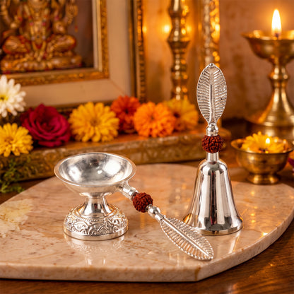 Silver finish pooja bell and diya set 02