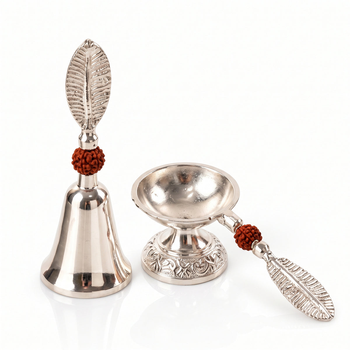 Silver finish pooja bell and diya set 04