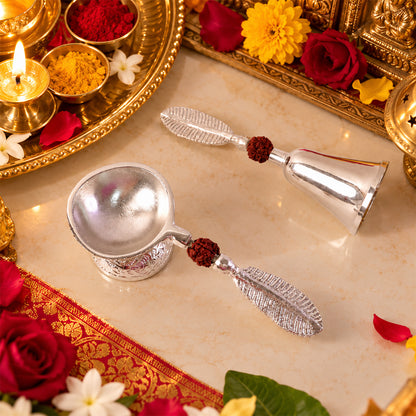 Silver finish pooja bell and diya set 05