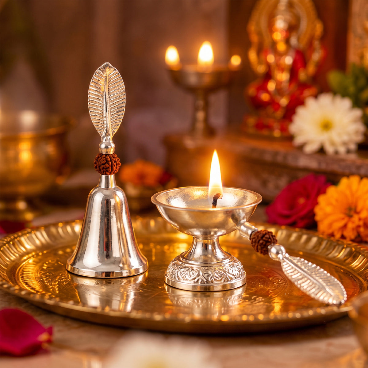 Silver finish pooja bell and diya set 07