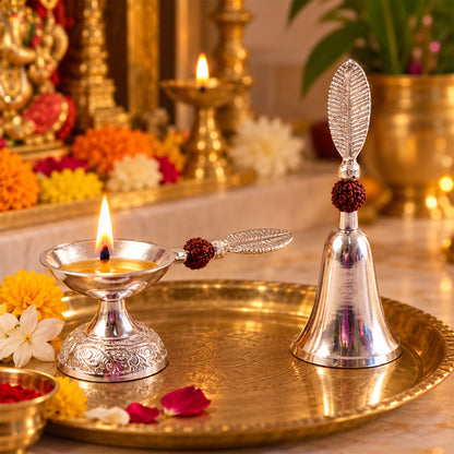 Silver finish pooja bell and diya set 08