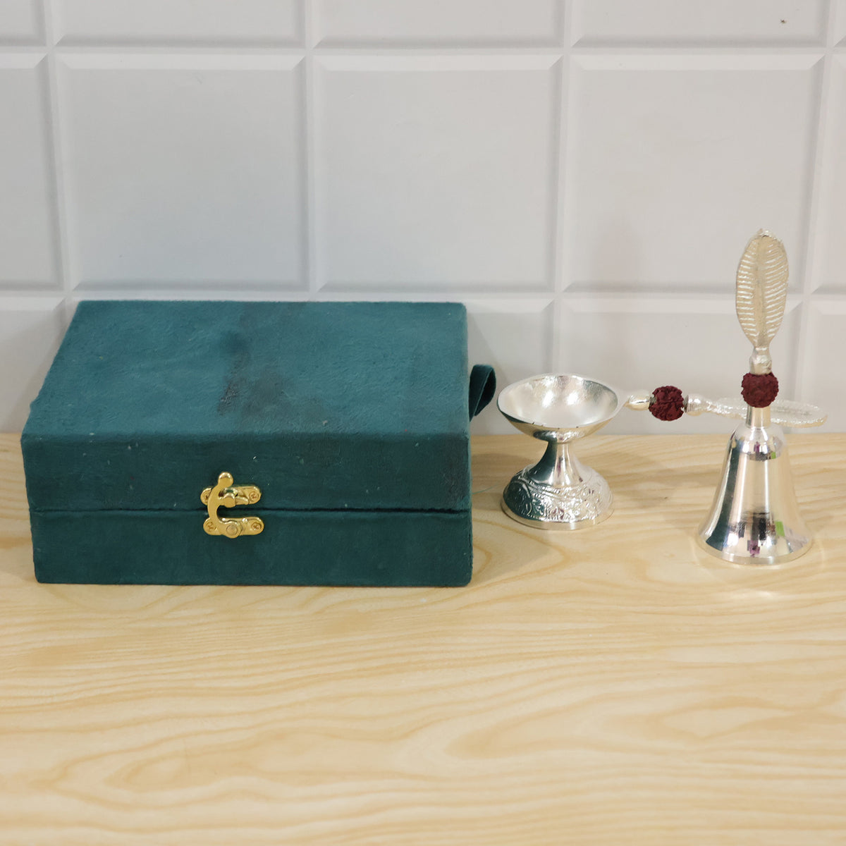 Silver finish pooja bell and diya set actual product