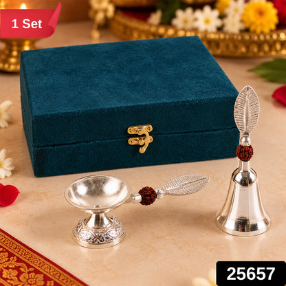 Silver finish pooja bell and diya set 1 Set label