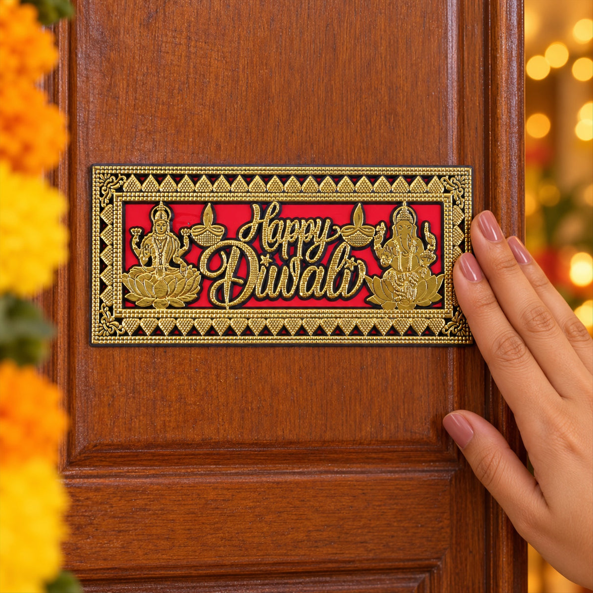 Five rectangular red and gold Happy Diwali plaques with deities and lamps are displayed against a plain white background.