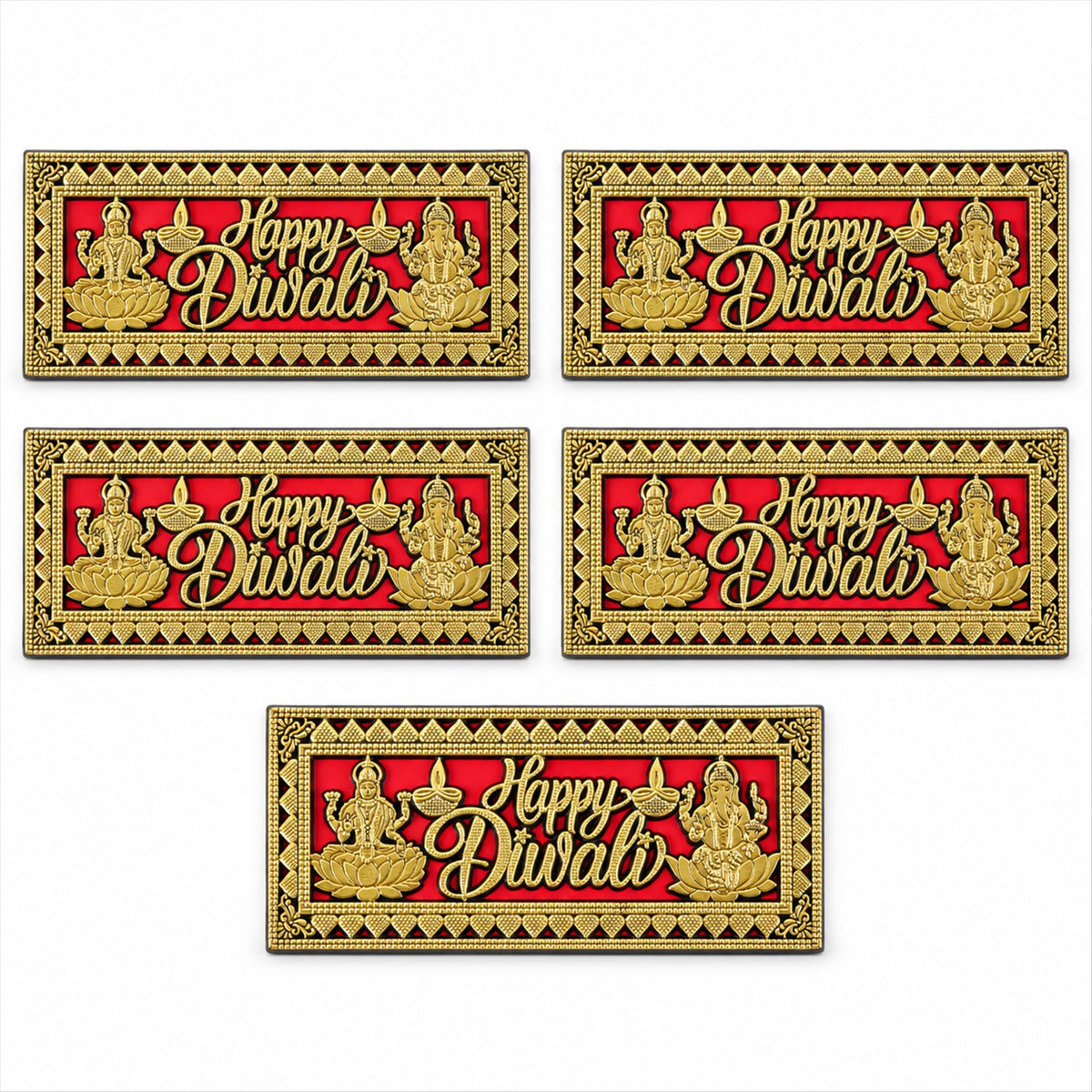 A single red and gold Happy Diwali plaque is shown with dimensions: 7 cm height and 15 cm width.