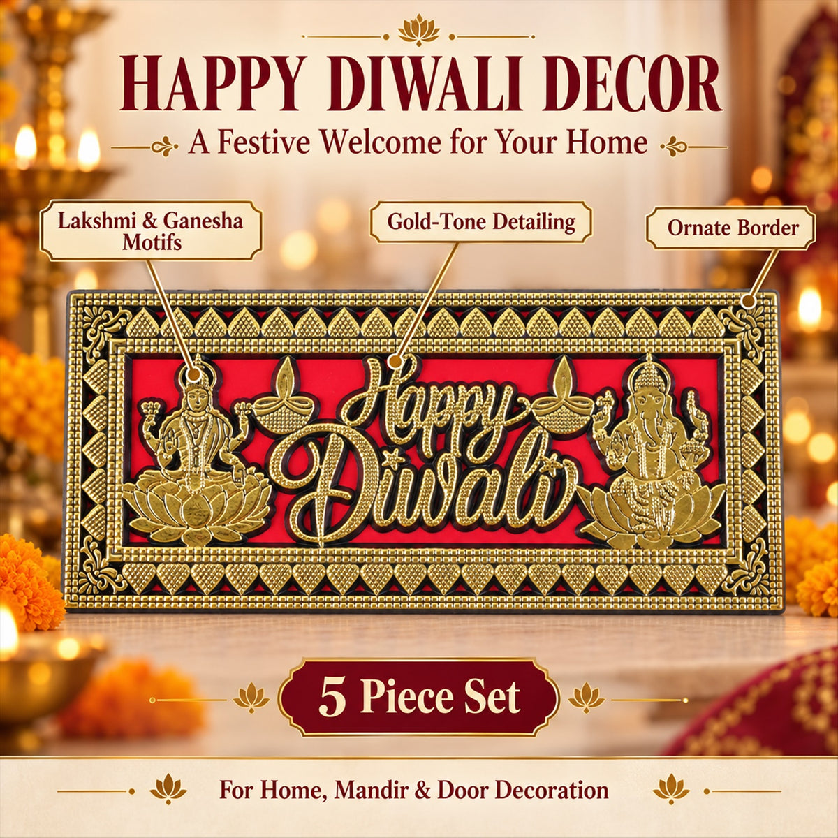 A red and gold Happy Diwali plaque is placed on a light-colored wall, with a lit brass oil lamp in the foreground.
