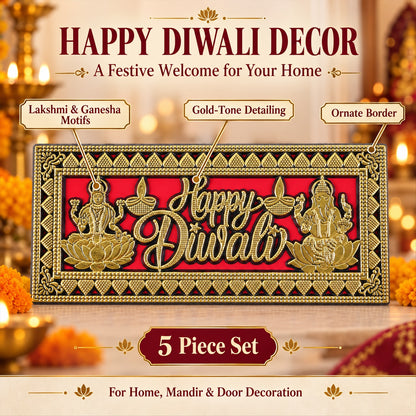 A red and gold Happy Diwali plaque is placed on a light-colored wall, with a lit brass oil lamp in the foreground.