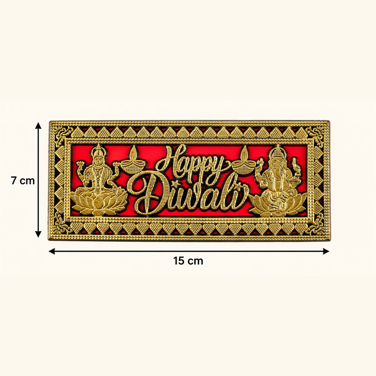 A red and gold Happy Diwali plaque adorns a wooden door, framed by vibrant orange and yellow marigold garlands.