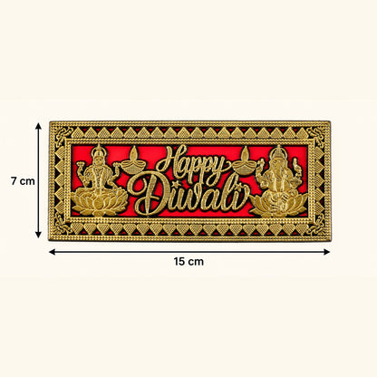 A red and gold Happy Diwali plaque adorns a wooden door, framed by vibrant orange and yellow marigold garlands.