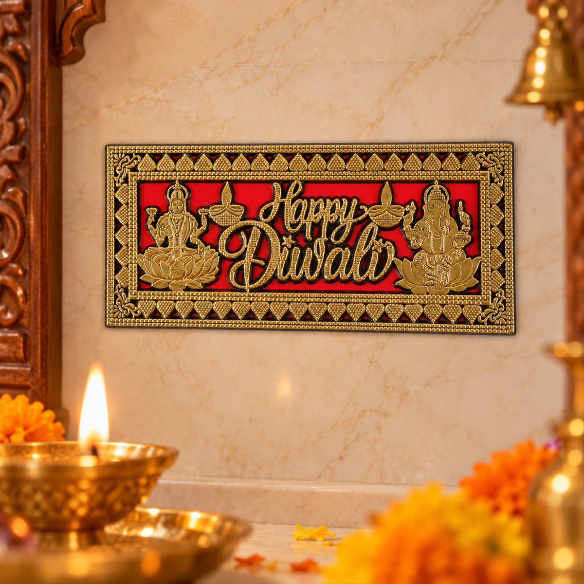 Five red and gold Happy Diwali plaques are vertically arranged on a light wooden surface, beneath a blue festival sticker.