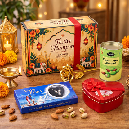 A festive gift hamper featuring a decorative box, a golden rose, a pearl necklace set, and a tin of almonds.