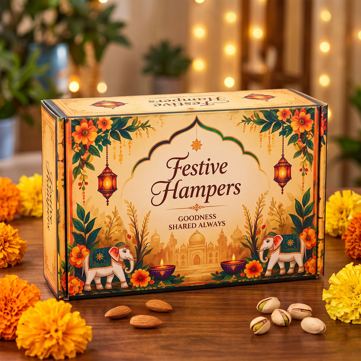 Tin of chocolates with festive packaging, part of the gift hamper