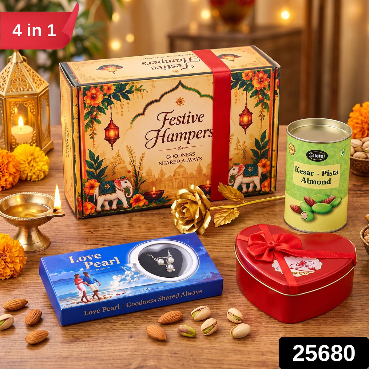 The gift hamper includes a decorative box, a golden rose, a love pearl necklace set, and a tin of almonds.