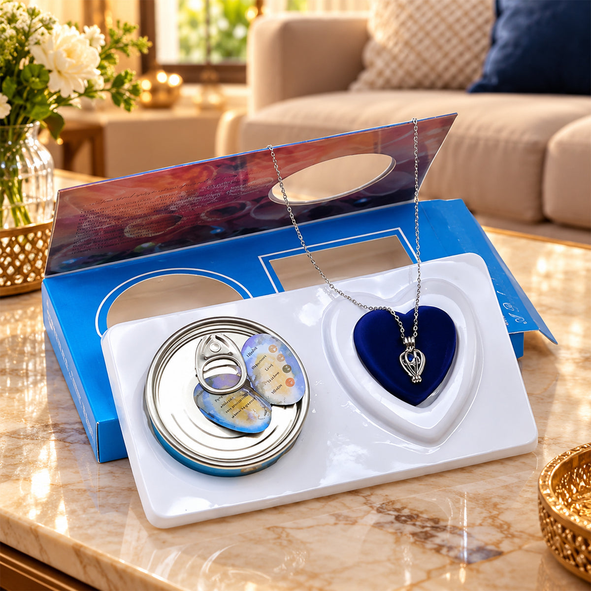 A close-up view of the open love pearl gift box, revealing a silver necklace with a pendant.