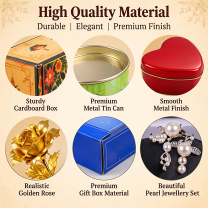 Six circular insets showcasing the gift box, tin can, heart box, golden rose, pearl gift box, and pearl jewelry set.