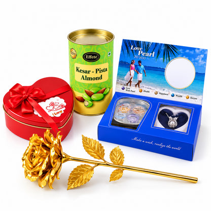 A white background displays the red heart-shaped box, a tin of almonds, a love pearl set, and a golden rose.