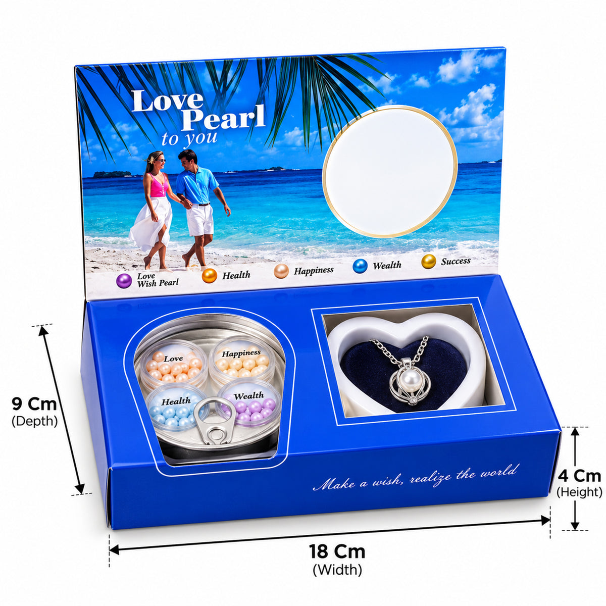 The love pearl gift set is shown with its dimensions: 18 cm width, 9 cm depth, and 4 cm height.