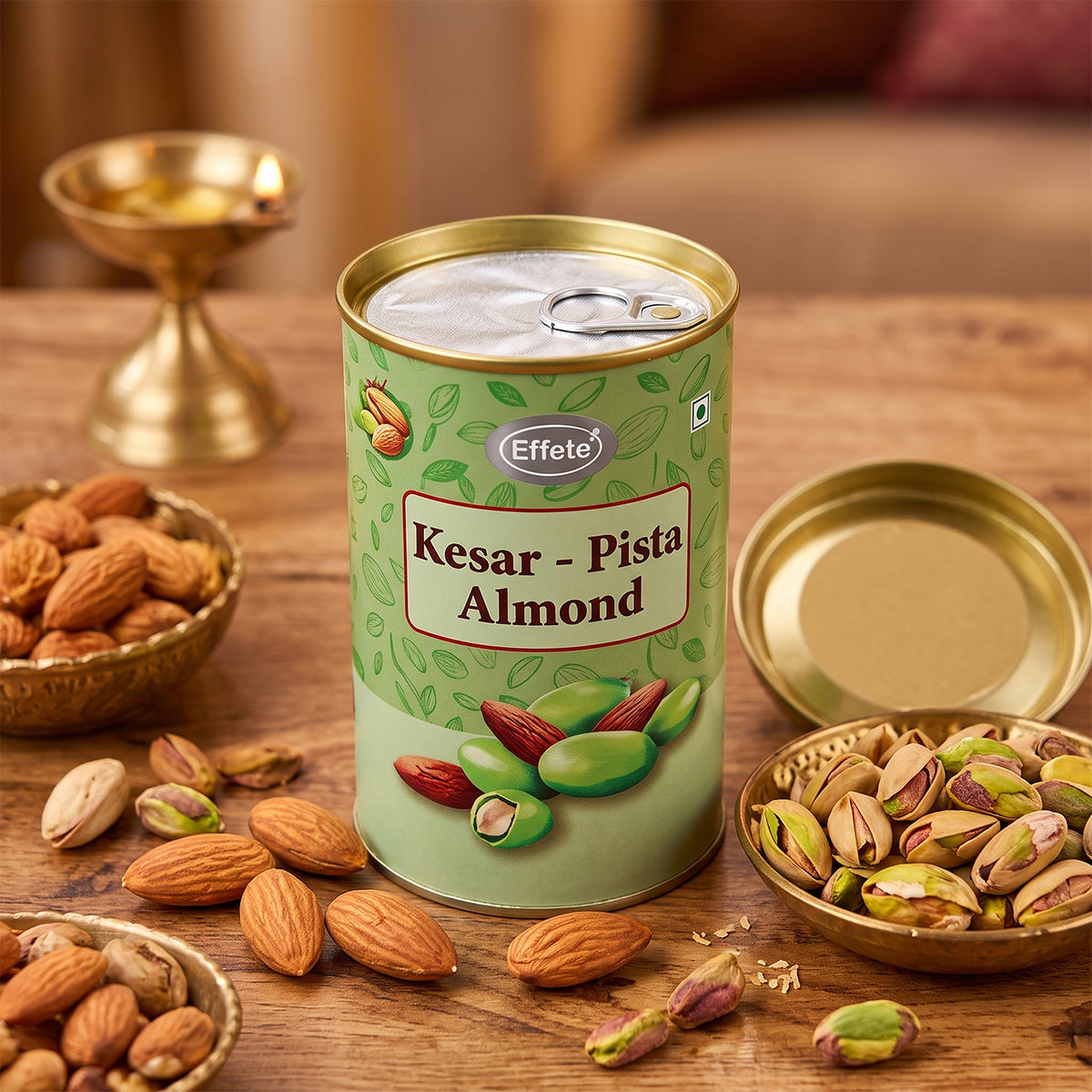 A tin of Kesar-Pista Almonds is surrounded by loose almonds and pistachios on a wooden surface.