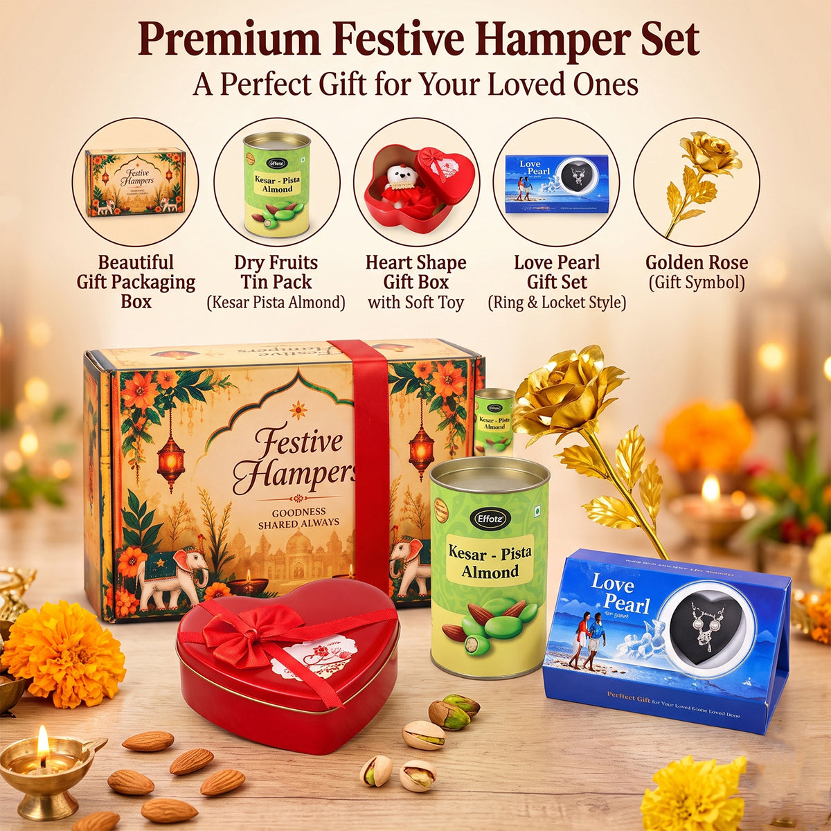 The full festive hamper set is displayed, featuring the gift box, tin, heart box, love pearl set, and golden rose.
