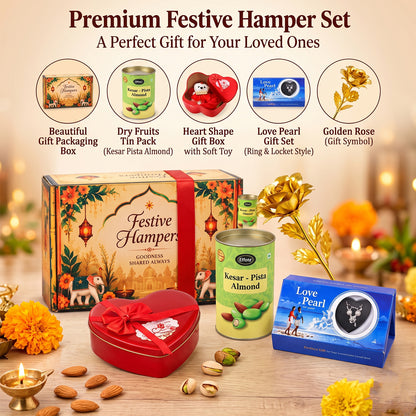The full festive hamper set is displayed, featuring the gift box, tin, heart box, love pearl set, and golden rose.