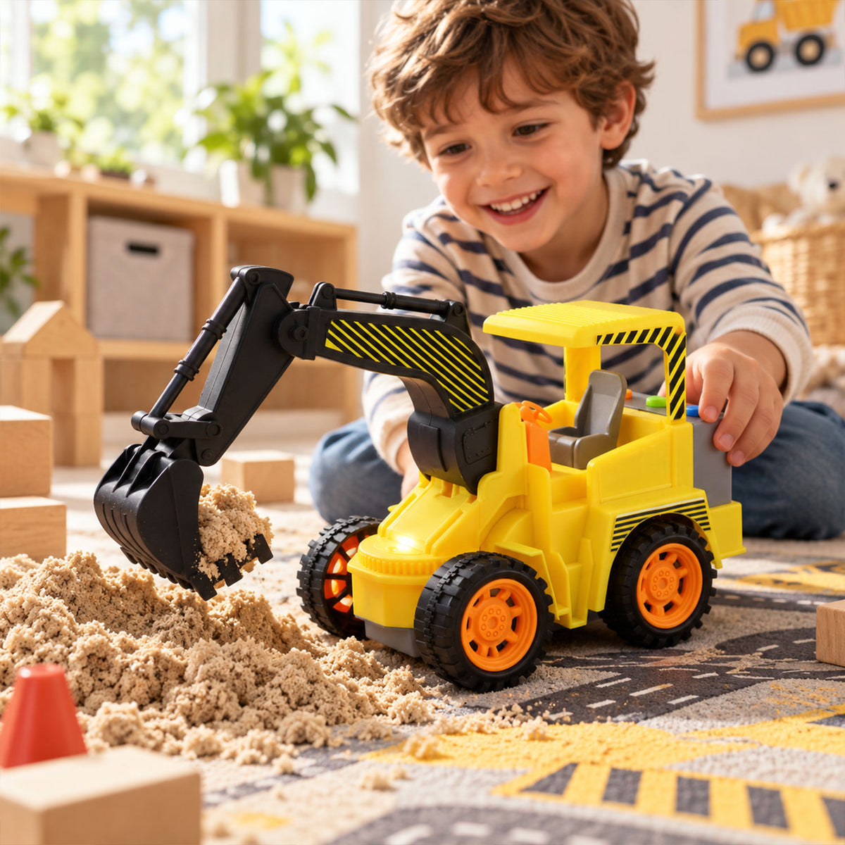 A smiling boy plays on a patterned rug with a yellow toy excavator digging into a pile of kinetic sand.