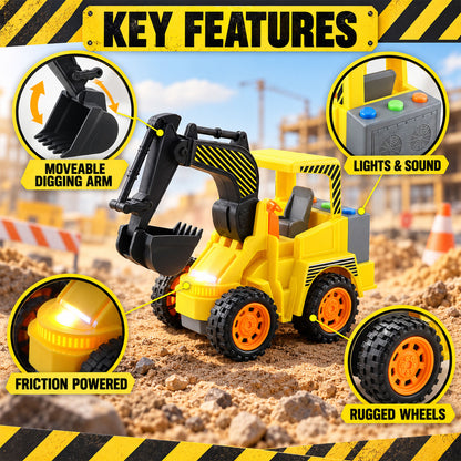 A yellow toy excavator with labeled features: movable digging arm, lights, sound, friction power, rugged wheels.
