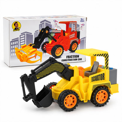 A yellow toy excavator sits beside its white and grey packaging, featuring an orange loader illustration.
