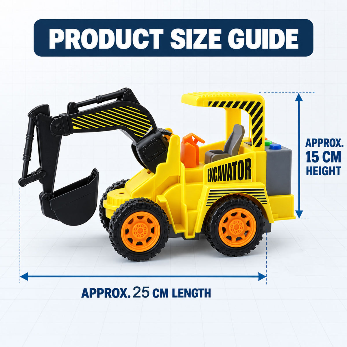 A yellow toy excavator with dimensions: approximately 15 cm height and 25 cm length.