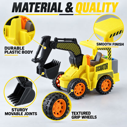 A yellow toy excavator with highlighted features: durable plastic body, smooth finish, sturdy movable joints, textured grip