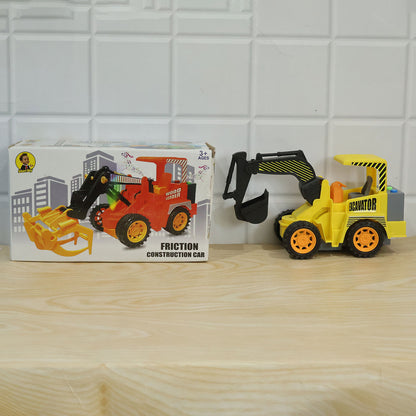 A yellow toy excavator and its product box are displayed on a light wooden surface against a tiled wall.