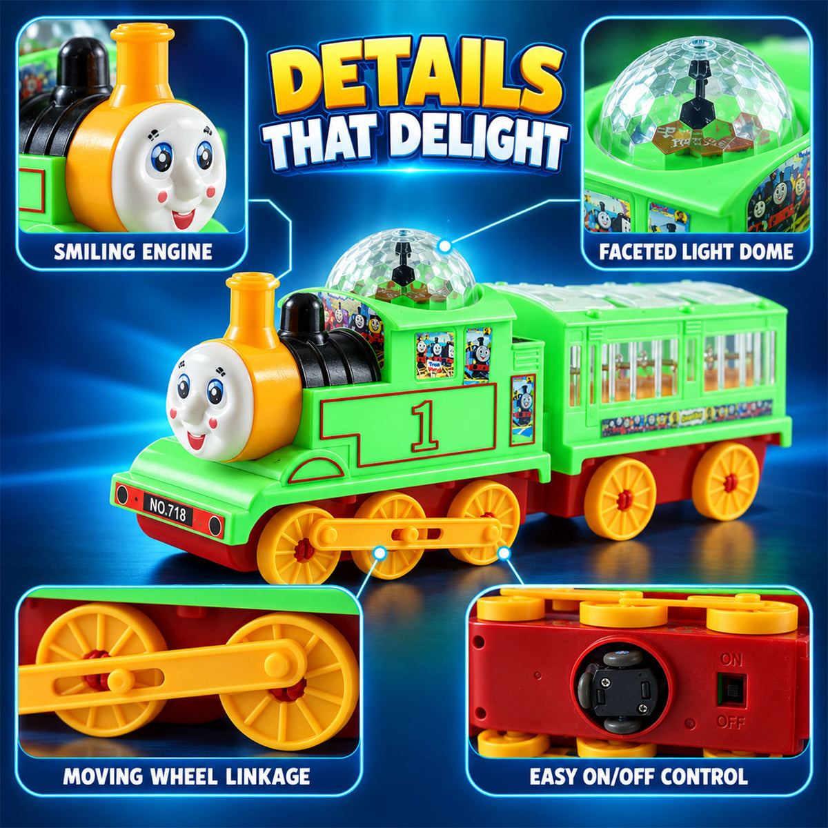 Battery operated train toy with flashing light dome and sound 05