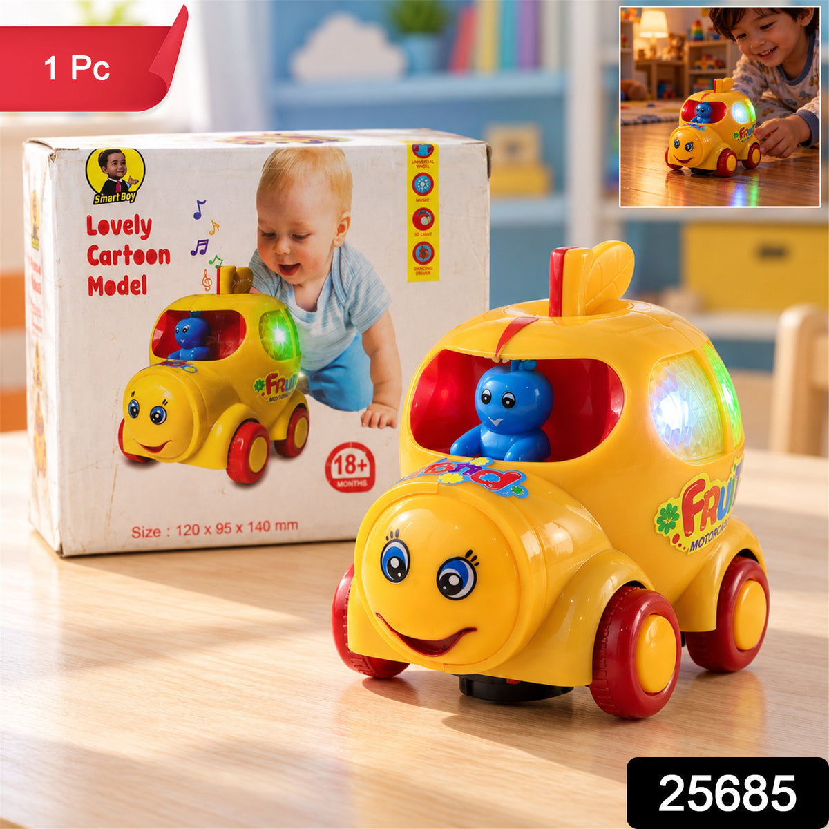 A yellow musical car toy with a blue driver and colorful lights sits on a wooden table next to its box, with a small inset